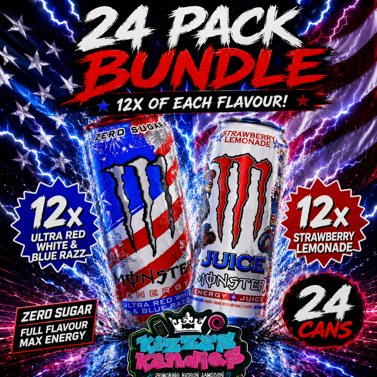 New (USA) Monster 24 bundle Ultra Red, White Blue razz and strawberry lemonade 463ml